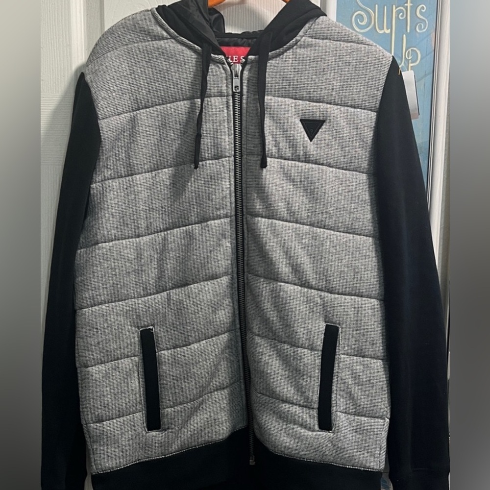 Like New Men's Black and Gray Hooded Zipper Guess Size Medium.